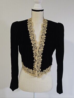 Vintage Jessica McClintock Black Velvet Evening Jacket Gold Trim Medium